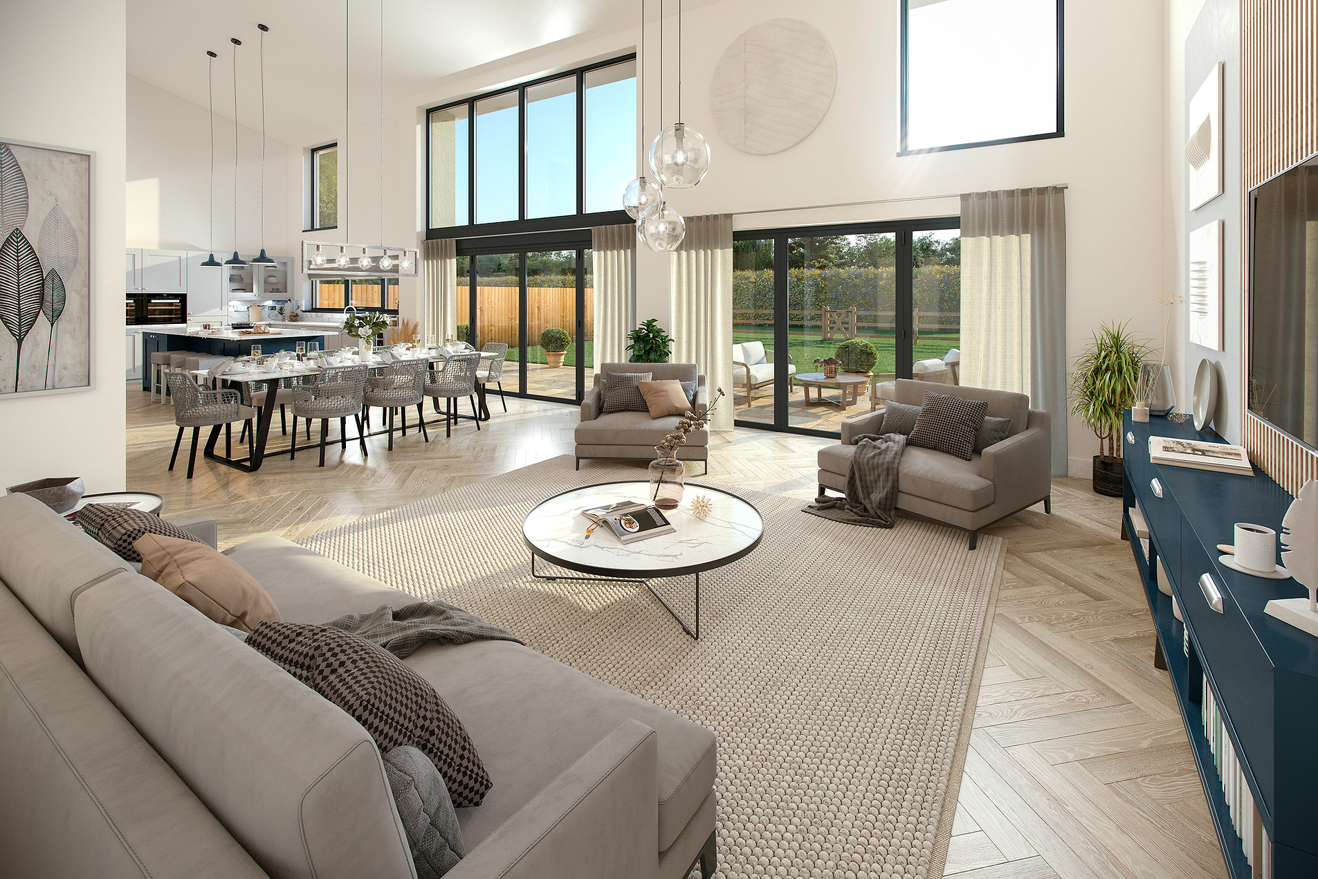 Open-plan living space with double-height windows by Craftsmans Projects